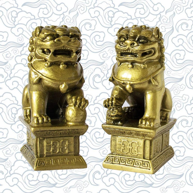Addune Feng Shui Chinese Beijing Foo Dogs Statues Pair Guardian Lions Statues Wealth Protection Figurine Decorations Home Gifts (Bronze) - Image 2